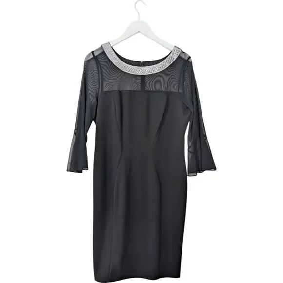 Alex Evenings dress Short Sheath Crepe Cocktail Beaded Illusion bell sleeves 14p Alex Evenings dress Short Sheath Crepe Cocktail Beaded Illusion bell sleeves 14p